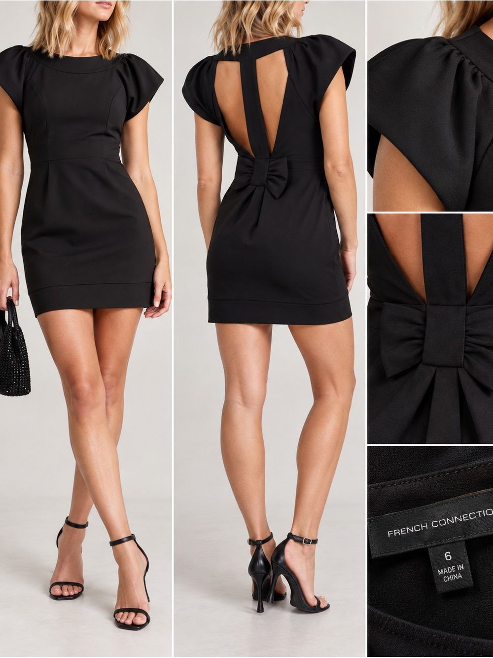 French Connection Lolo Black Open Back Bow Mini Dress Size 6